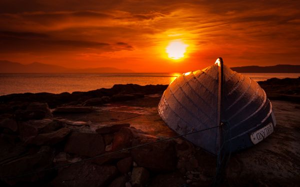 sea,rock,sunlight,boat,sunset,shore