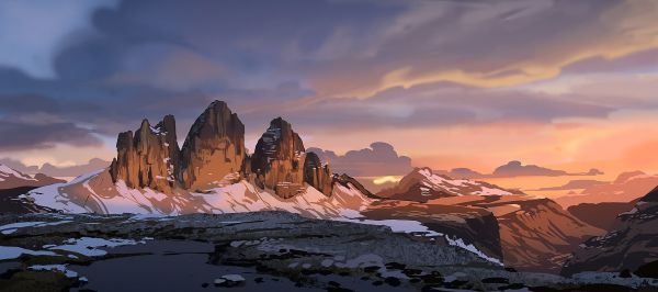 paisaje,rock,reflexión,montañas,puesta de sol,cielo