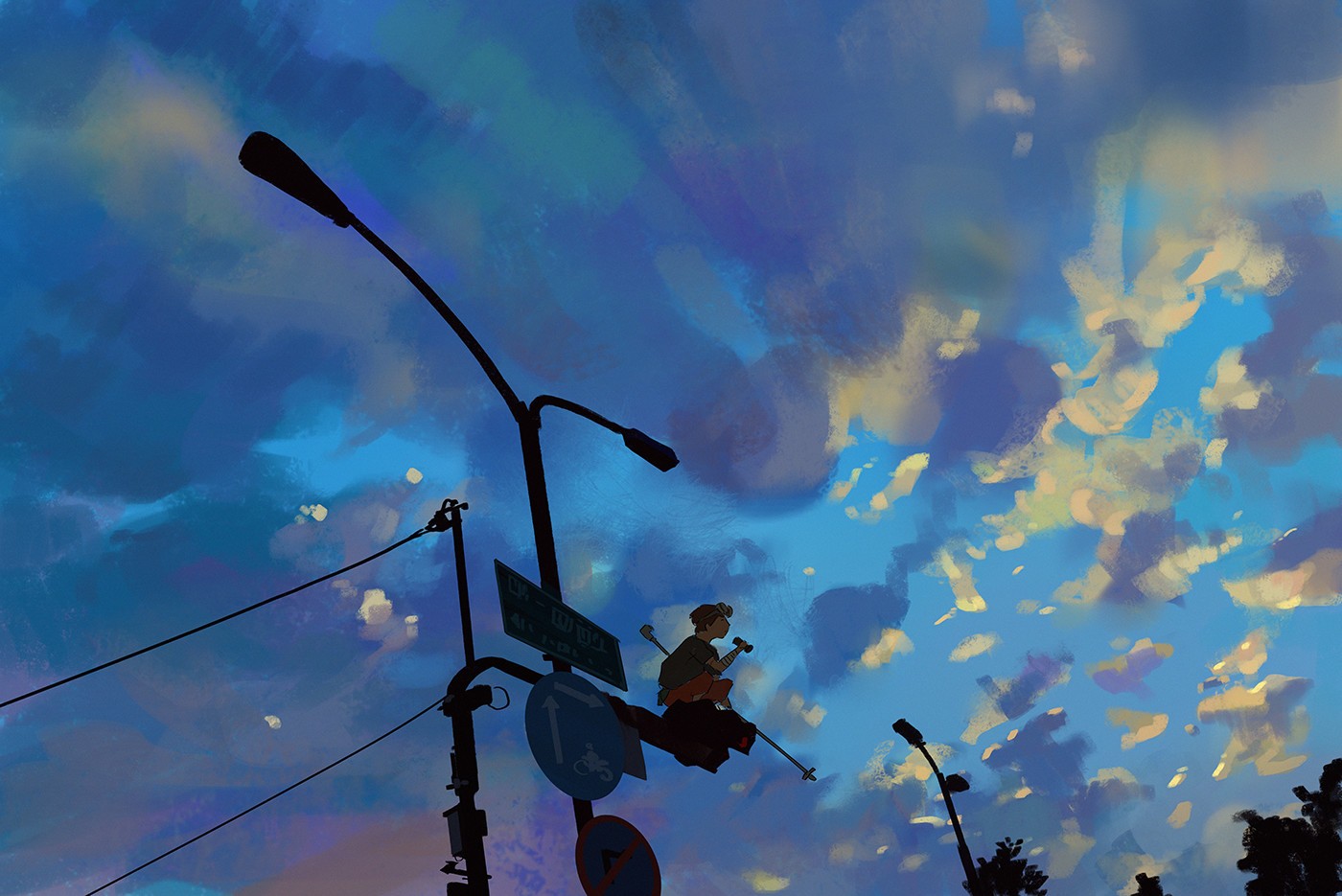 Wallpaper : sunlight, street light, sunset, anime, reflection, sky ...