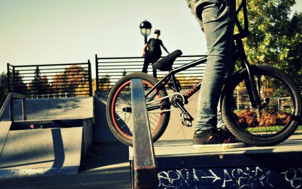 Esportes, bicicleta, veículo, BMX, parque, jeans