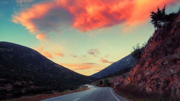 paisaje,puesta de sol,colina,naturaleza,cielo,la carretera