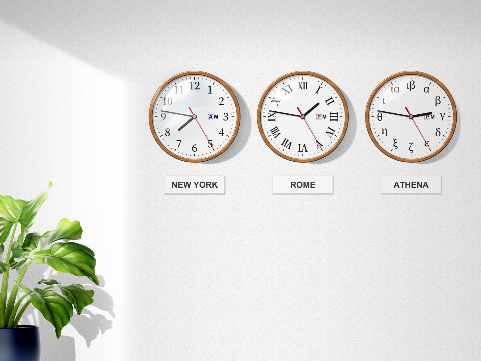 plant, white, rectangle, clock, houseplant, measuring instrument, flowerpot, font, terrestrial plant, circle, Quartz clock, glass, number, brand, logo, fashion accessory, ceiling, interior design, pattern, palm tree, room, herb, graphics, illustration, wall clock, gauge, flowering plant, display device, metal, home accessories, still life photography, light fixture, daylighting, plant stem, porcelain