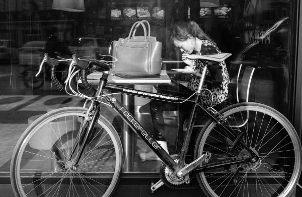 branco, Preto, monocromático, rua, bicicleta, cidade