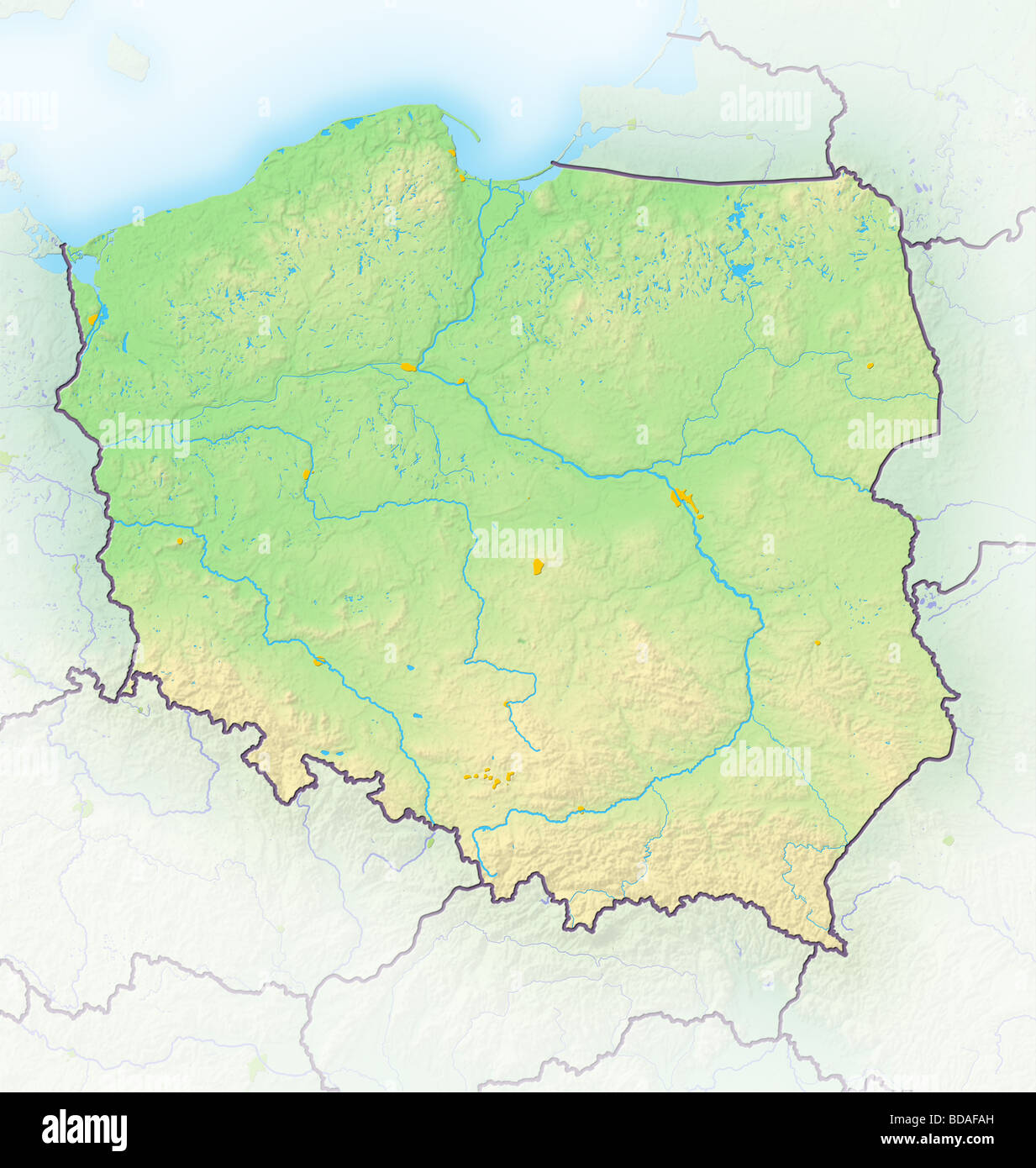 Poland, shaded relief map. Stock Photo