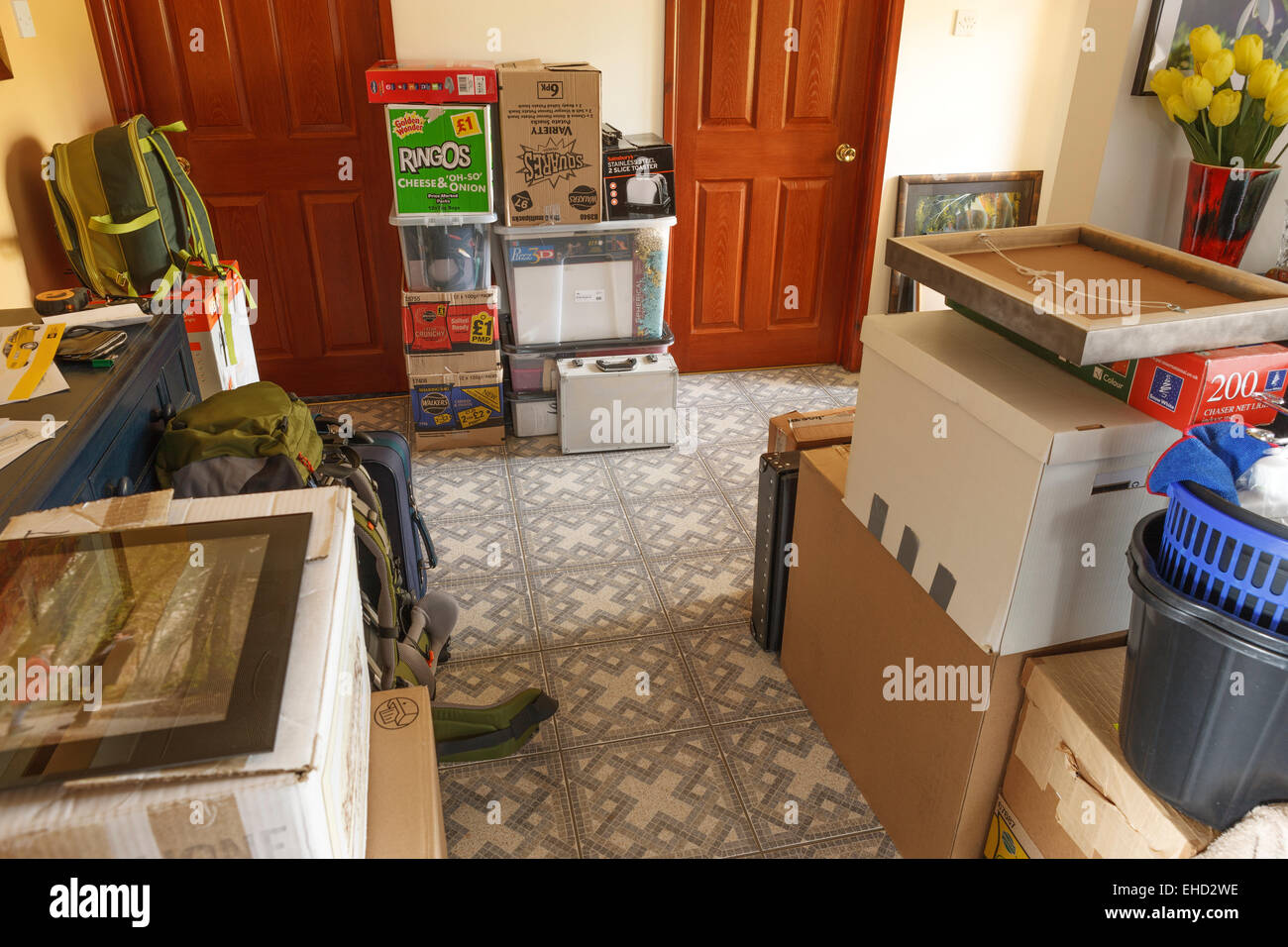 Boxes packed moving home Stock Photo