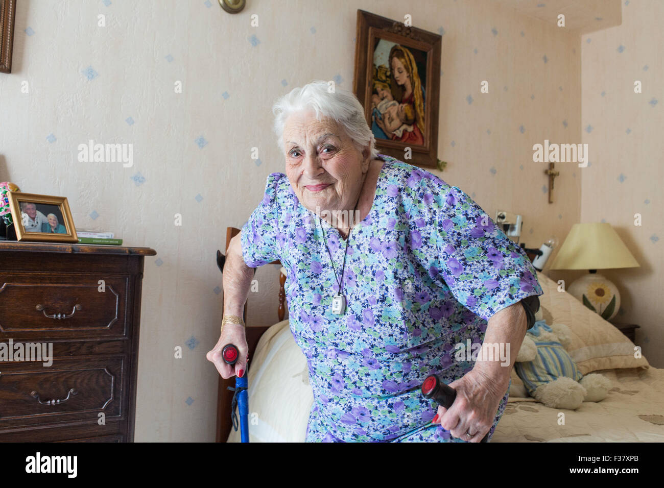 97 years old woman at home. Stock Photo