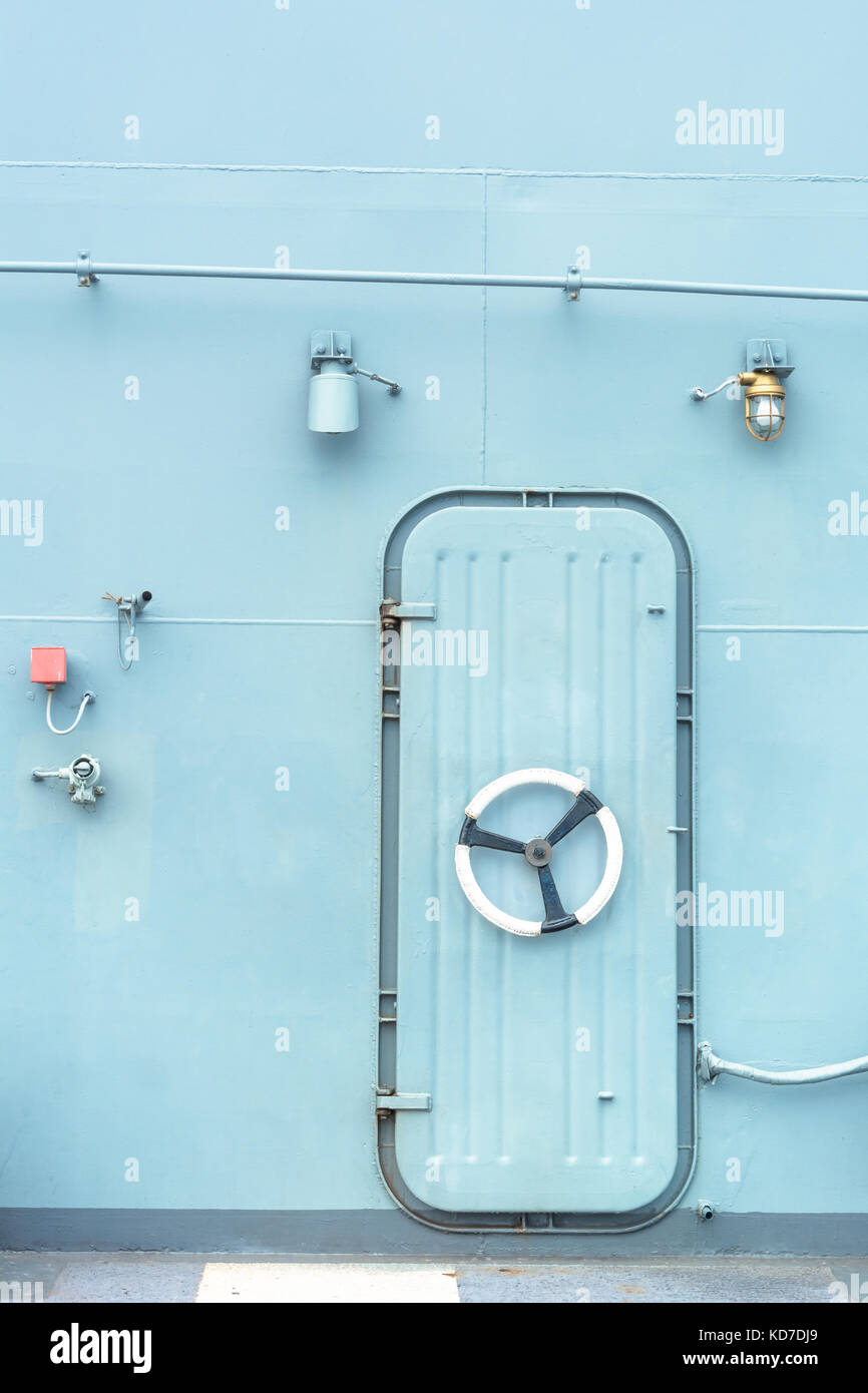 Steel door in the battleship Stock Photo