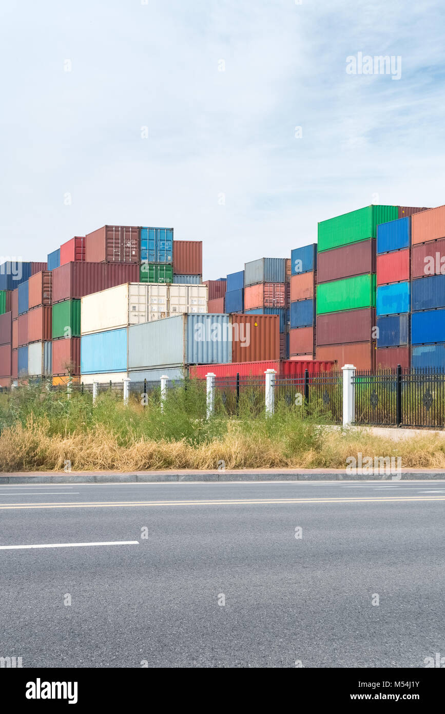 road and container yard Stock Photo