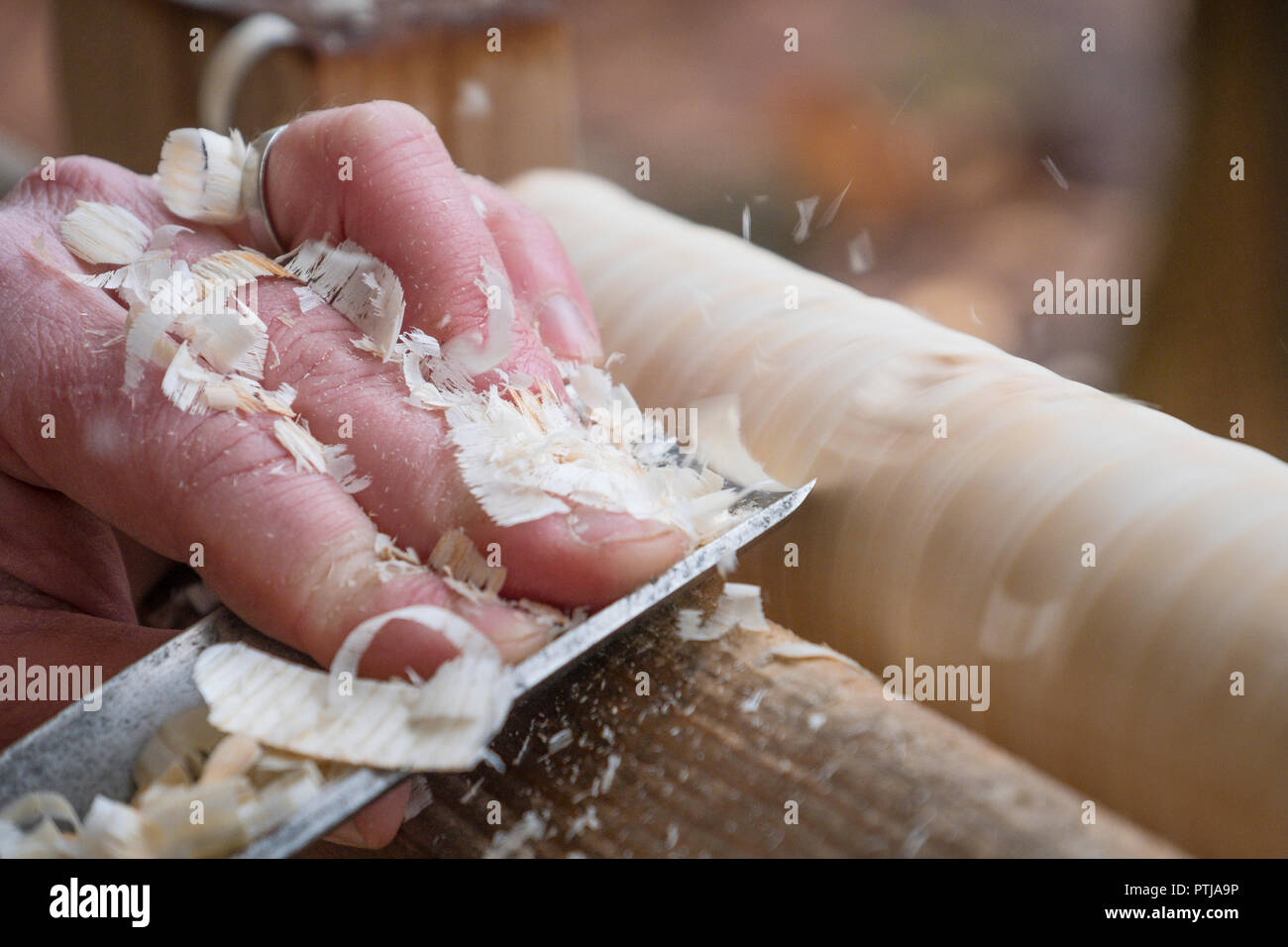 Wood turning on a pole lathe. Stock Photo