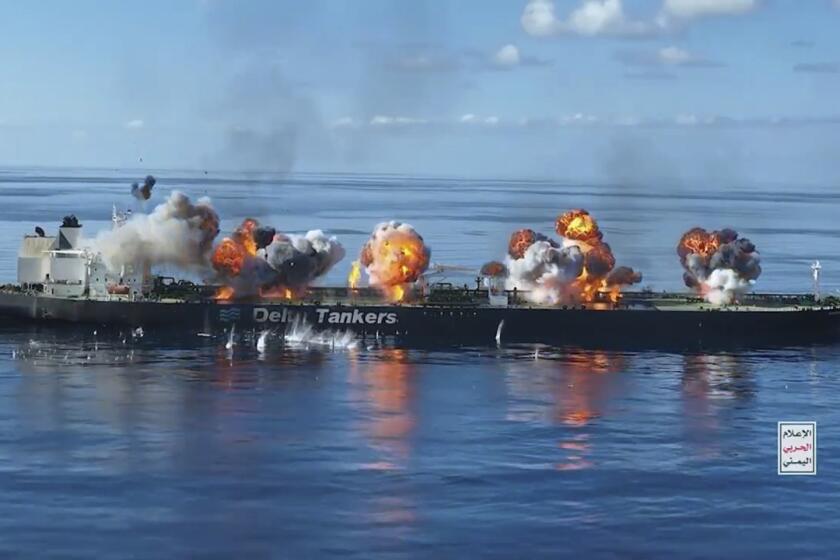 This frame grab from video released by the Ansar Allah Media Office, the media arm of Yemen's Houthi rebels, on Thursday, Aug. 29, 2024, shows explosions striking the Greek-flagged oil tanker Sounion in the Red Sea after Yemen's Houthi rebels boarded and set explosives on the tanker, which was earlier abandoned after the Houthis repeatedly attacked it, setting off blasts that put the Red Sea at risk of a major oil spill. The logo in the bottom righthand corner of the image reads in Arabic: "Yemeni War Media." (Ansar Allah Media Office via AP)