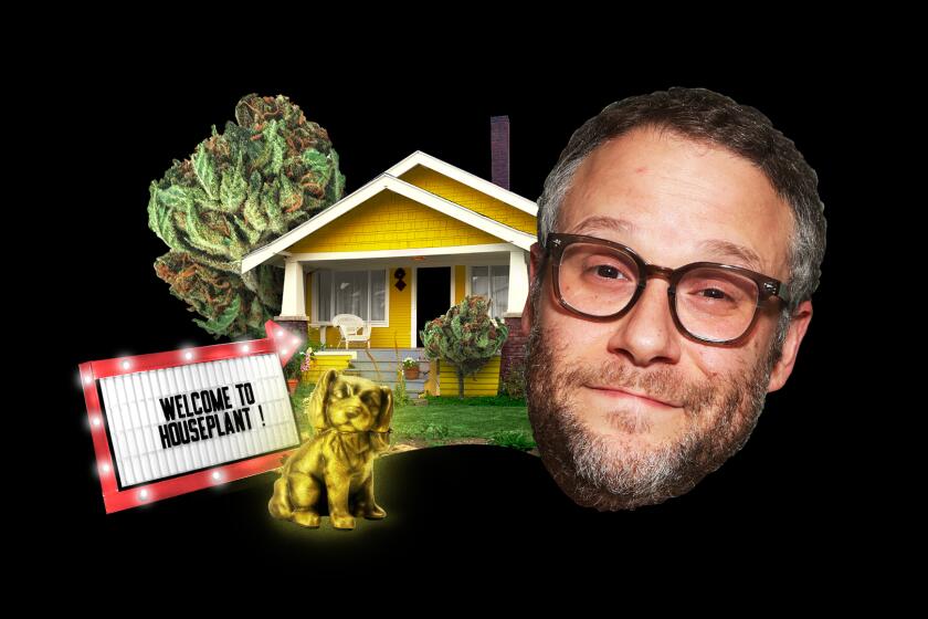 A collage illustration of Seth Rogen with a yellow house, golden dog and tree sized cannabis bud.