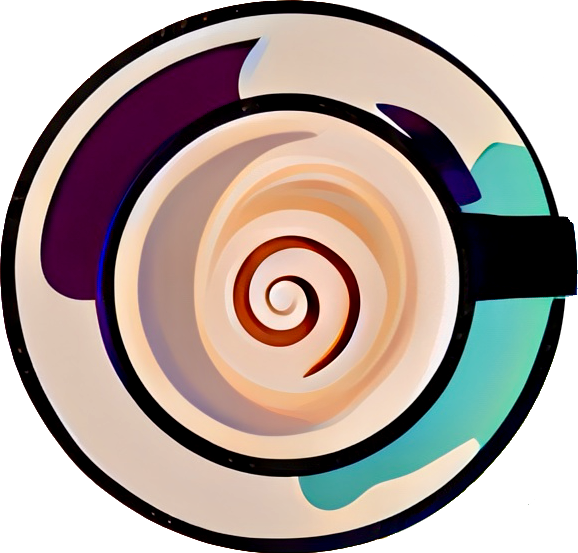 A circular logo of a coffee cup viewed from above; abstract, dark outlines with hints of teal and creamy tones