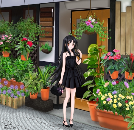 Flower Shop - flower, look, maiden, adorable, scenery, shop, standing, awesome, anime, cg, stand, bag, lovely, black hair, female, realistic, gown, black, beautiful, blossom, girl, anime girl, lady, floral, kuroyukihime, sundress, pot, pretty, kawaii, beauty, sweet, hd, dress, long hair, nice, scene, accel world