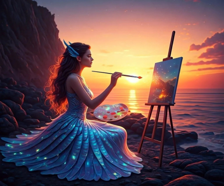 Painted Dreams - digital, rocks, coast, sunset, painting, girl, art