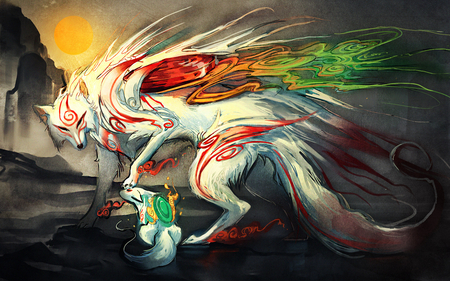 anime - amaterasu, wolf, okami, anime, colors