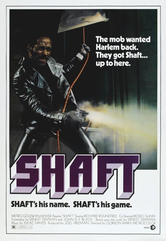 Poster for the film Shaft, with a figure in all black at left.