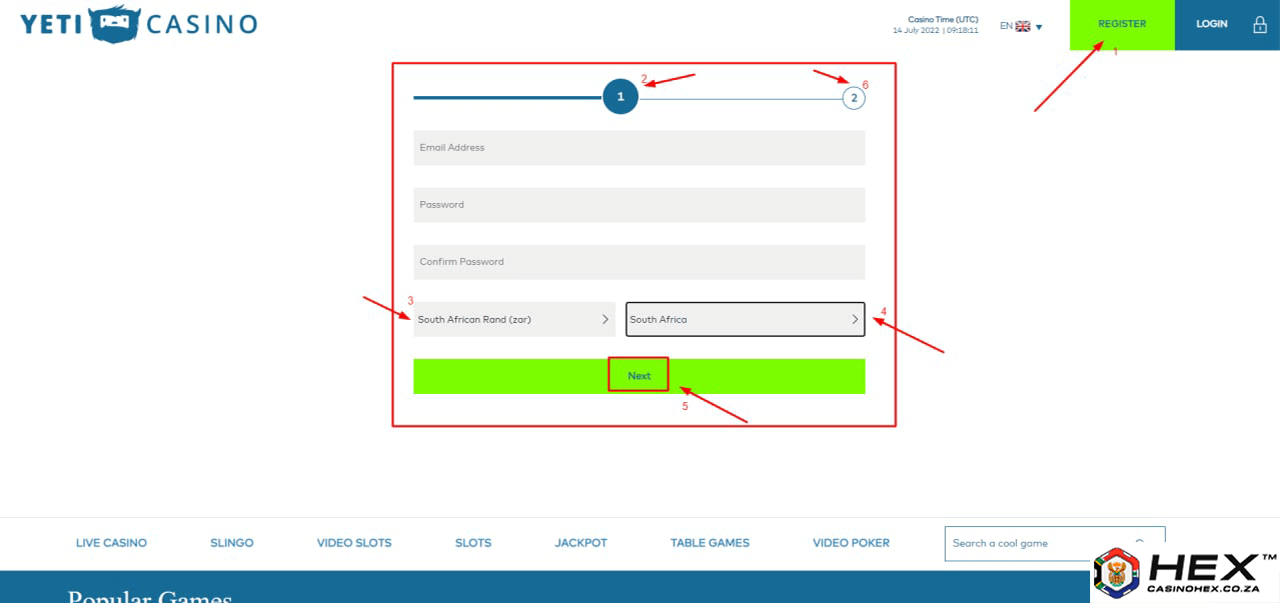 Yeti casino login sign up form