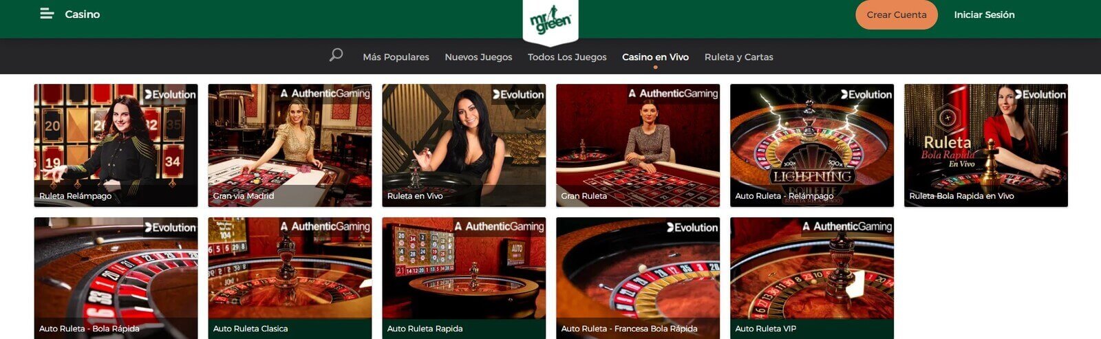 Ruleta en vivo en Mister Green Casino en España