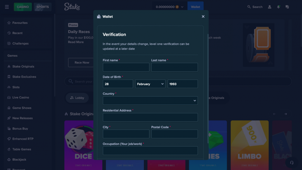 Stake Casino KYC 1