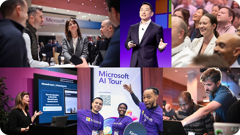 Collage of Microsoft's AI Tour event: discussions, a speaker in a suit, an attentive audience, a presentation