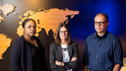 Mia Scavella-Little, Amy Hogan-Burney, and Richard Boscovich in the Microsoft Digital Crimes Unit building.