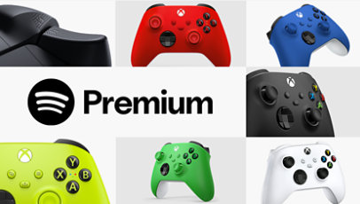 Bunte Xbox Wireless-Controller Geräte mit einer Spotify Premium Ikone. 