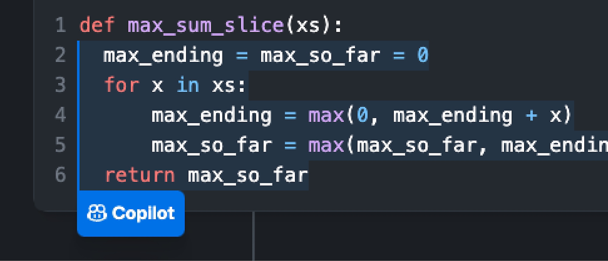 Et skjermbilde av en kodeblokk med en Copilot-knapp som er lagt over