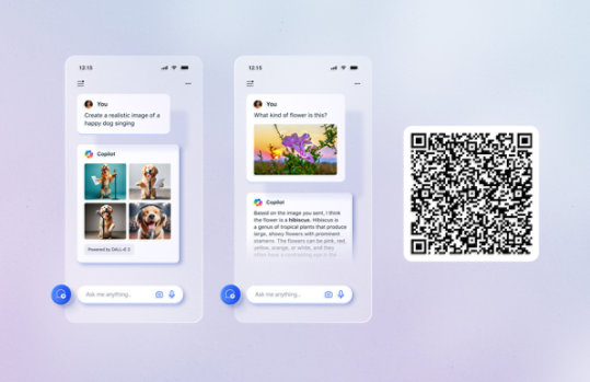 App Microsoft Copilot è utilizzata per generare immagini di un cane cantante, aiutare a identificare un fiore e generare un'e-mail di congratulazioni a un collega per una promozione.