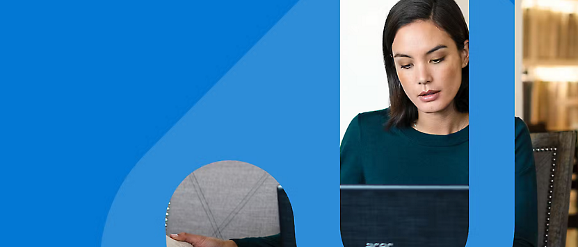 A woman in a green top focused on her laptop screen, partially framed by a blue graphic element