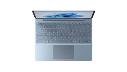 Ice Blue Surface Laptop Go 3 shown from a top angle with the keyboard and touch pad in view.