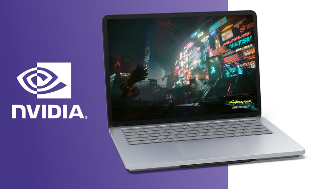 Surface Laptop Studio 2, der viser en Cyberpunk 2077: Phantom Liberty-skærm med et Nvidia Studio-logo ved siden af enheden.