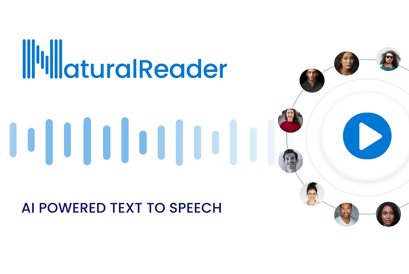 NaturalReader logo and tagline "AI Powered Text to Speech" with a wave graphic on the left