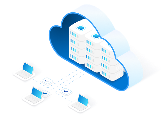 A cloud computing diagram with laptops