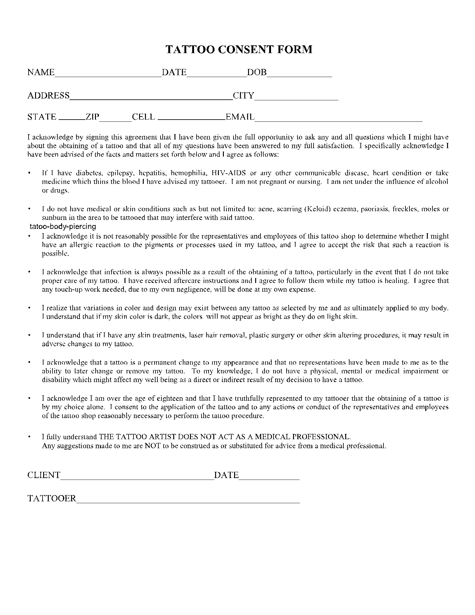 Tattoo Consent Form