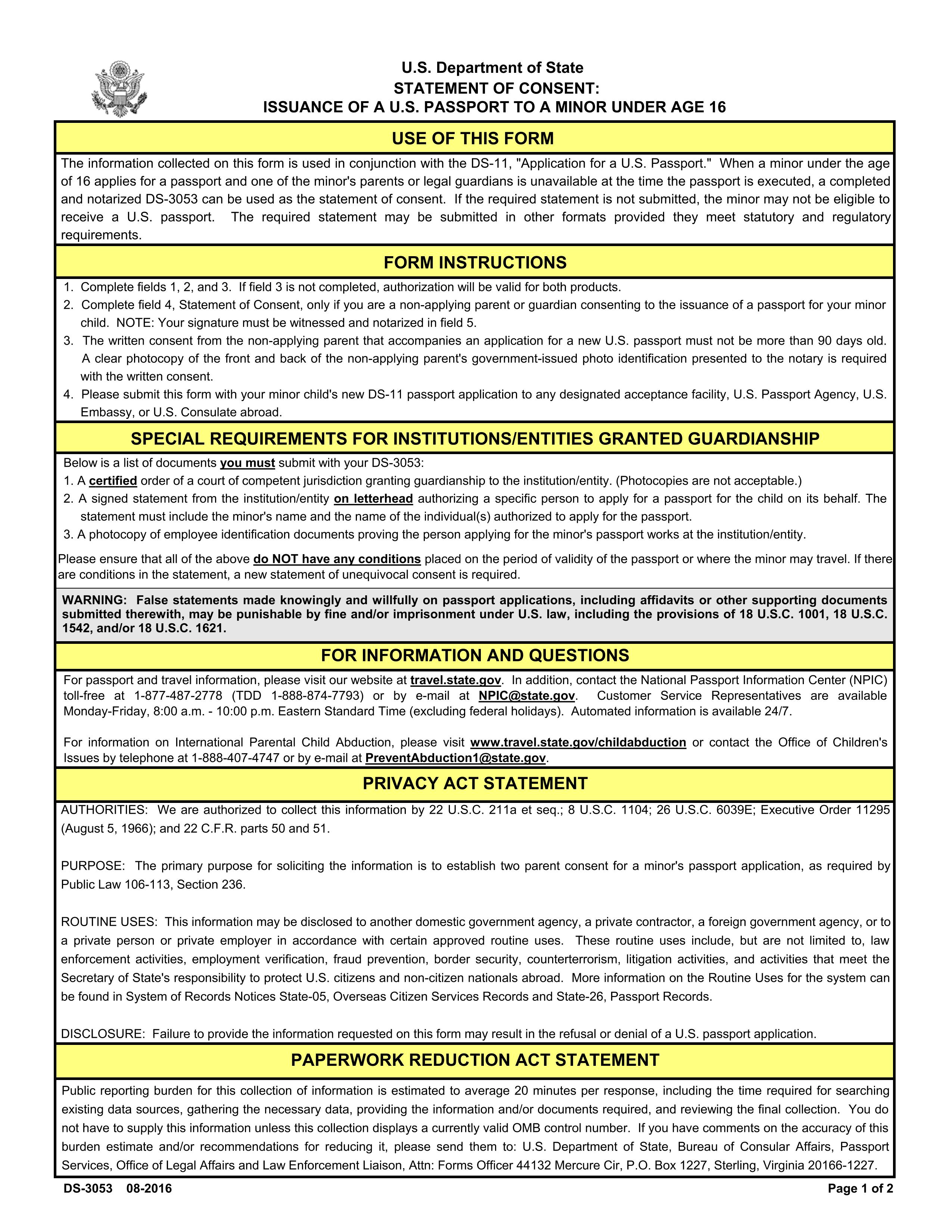 Passport Form DS-3053