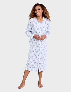 Button Front Print Cotton Nightdress Blue