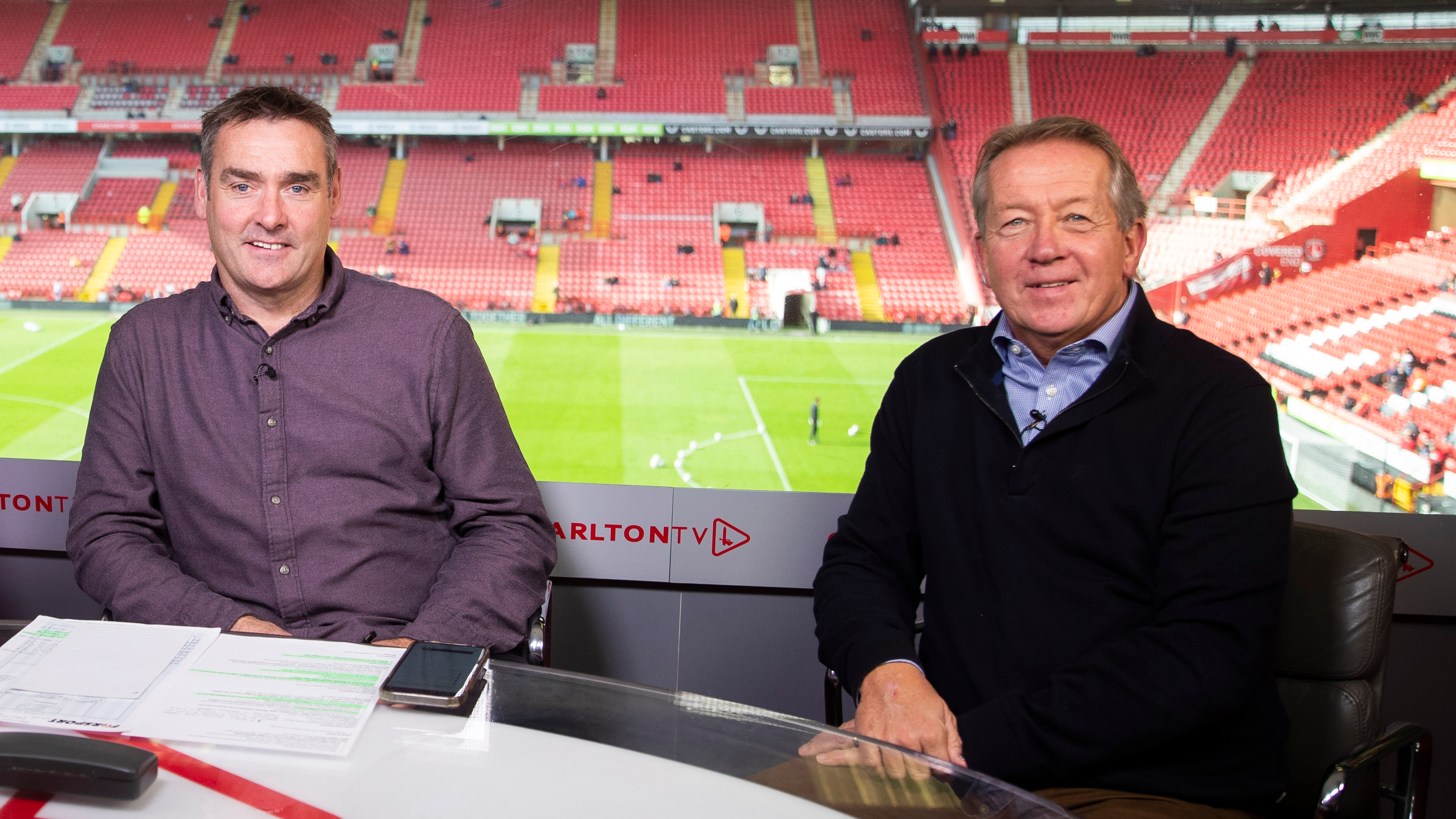 Steve Brown and Alan Curbishley in the CharltonTV Studio before the Sky Bet League 1 match between Charlton Athletic and Bolton Wanderers at The Valley, London