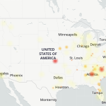 A map showing hotspots of outages primarily in the east coast and central US, but some in California as well