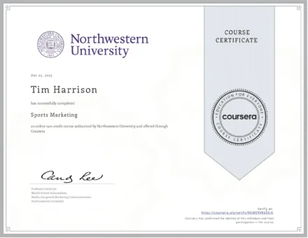 Tim Harrison`s Certificate on Sports Marketing