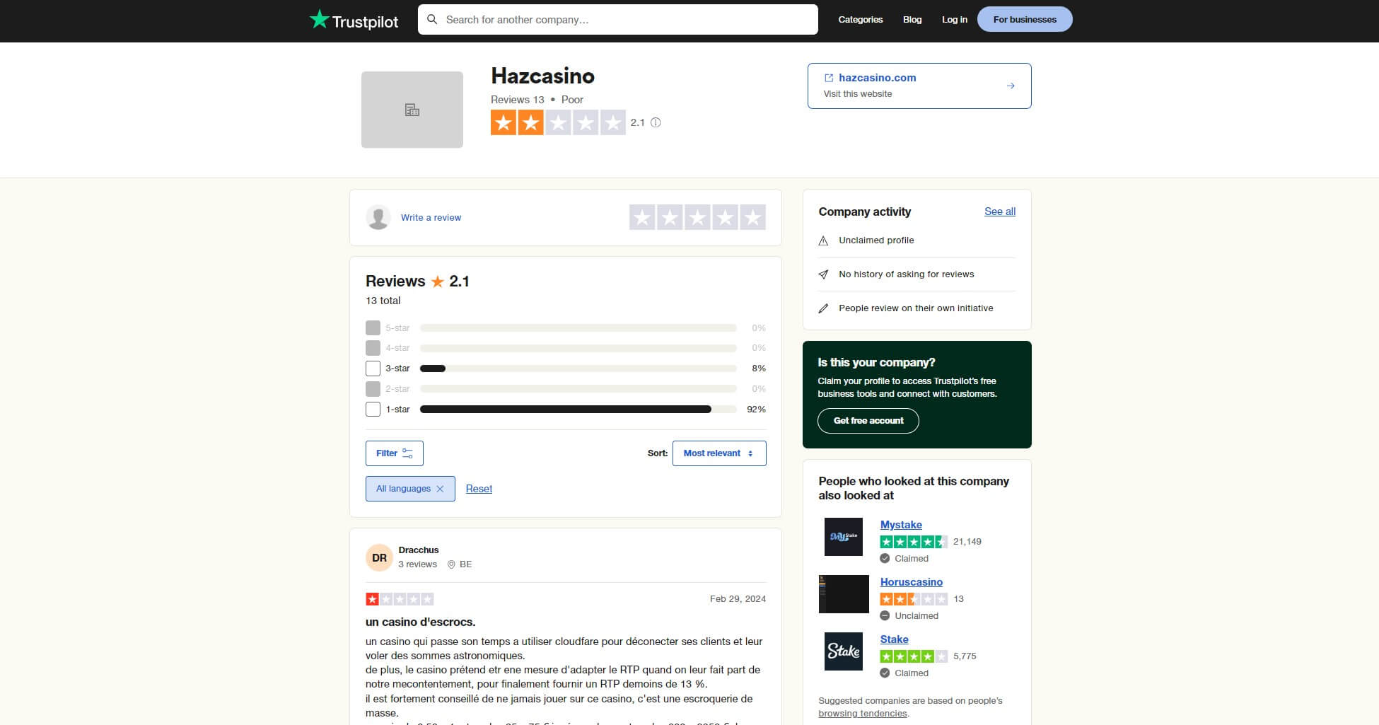 HazCasino Reviews on Trustpilot