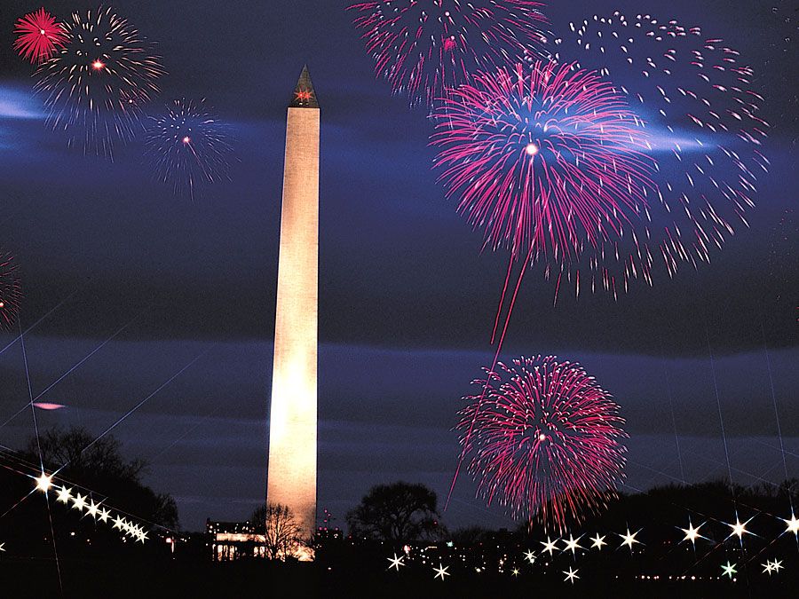 Washington Monument. Washington Monument and fireworks, Washington DC. The Monument was built as an obelisk near the west end of the National Mall to commemorate the first U.S. president, General George Washington.