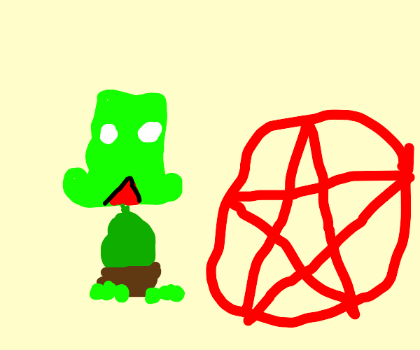 green dude from petscop next to a pentagram