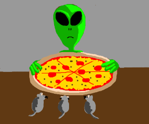 Alien holds 6 pizza sliced infront of 4 mice.