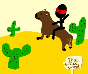 a ninja riding a steed in the wild west desert