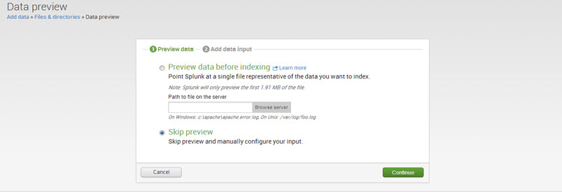 Splunk (select skip preview)