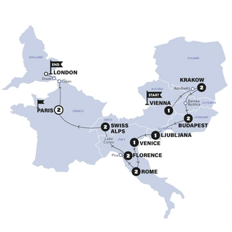 tourhub | Contiki | Vienna to London Trail | Classic | Winter | 25/26 | Tour Map