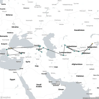 tourhub | Oasis Overland | Istanbul To Bishkek (74 Days) Turkey, Caucusus & The Stans | Tour Map