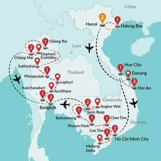 tourhub | Travel Talk Tours | Ultimate Vietnam & Cambodia & Thailand ends Bangkok (4 Star Hotels) | Tour Map