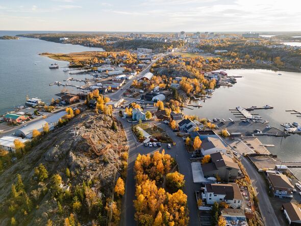 Aerial view of Yellowknife Bay and Old Town in Autumn. Yellowknife, Northwest Territories, Canada.