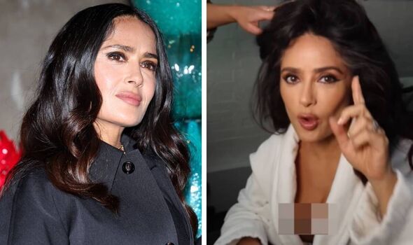 salma hayek wardrobe malfunction bathrobe hair styling trick mascara